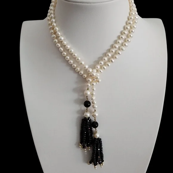 Lariat pearl necklace petite pearls high luster 18k GP hand knottedA0123 -1Q